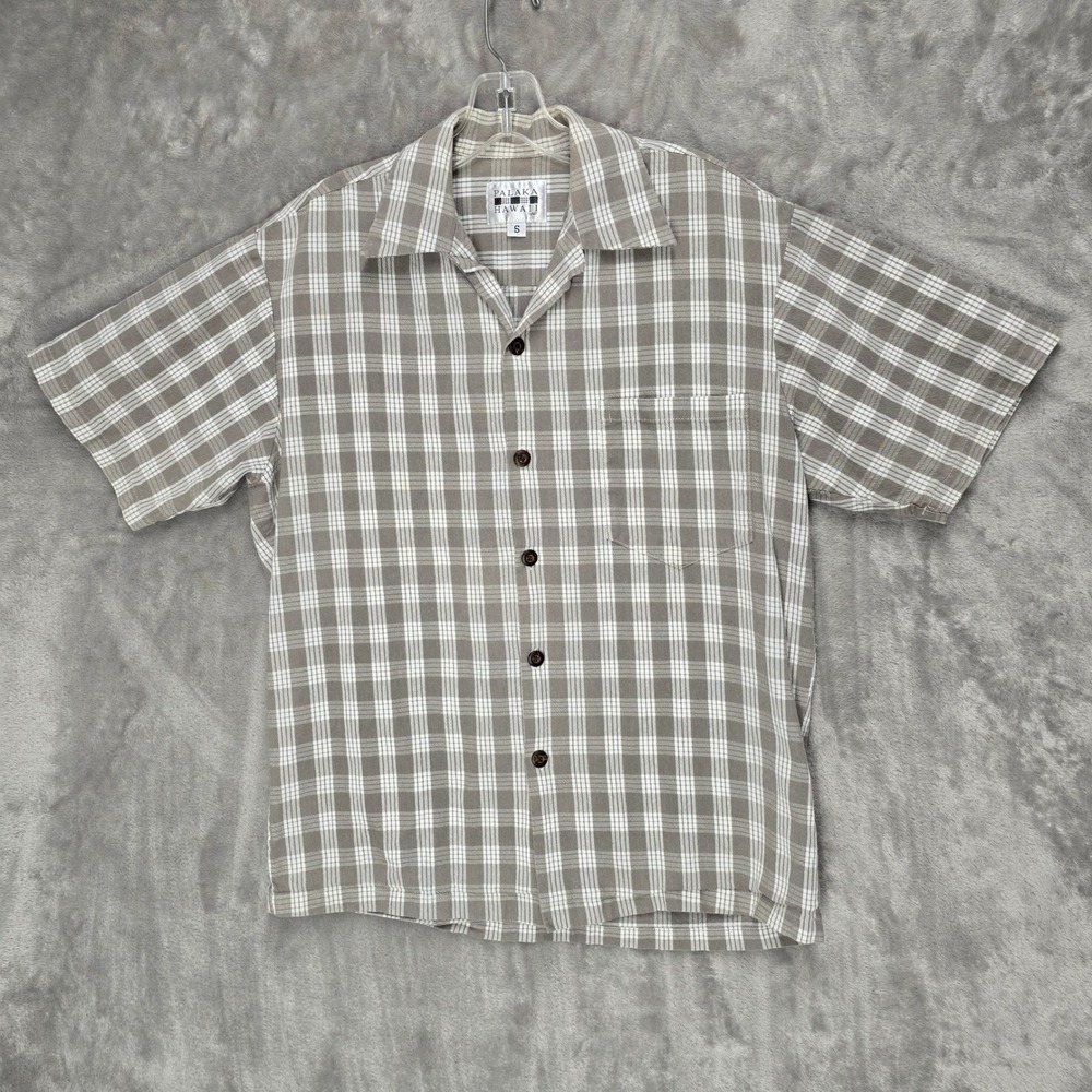 Palaka Hawaii Button Down Shirt Mens S Gray White Plaid Cotton Camp Pocket USA